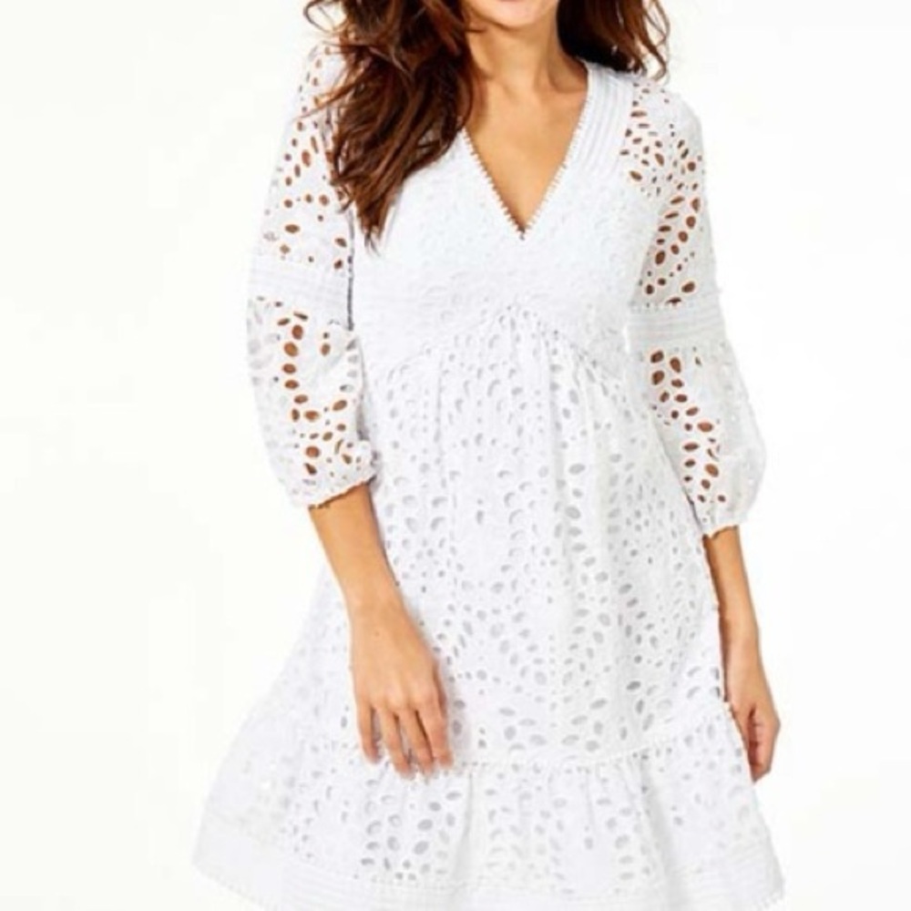 Lilly Pulitzer White Eyelet Embroidered Mini Dress Cotton V-Neck Size 6 - Picture 2 of 6